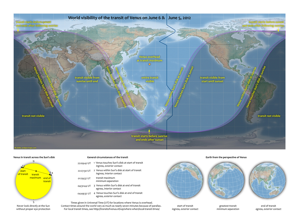 World visibility map for June 5-6, 2012 Venus Transit. 