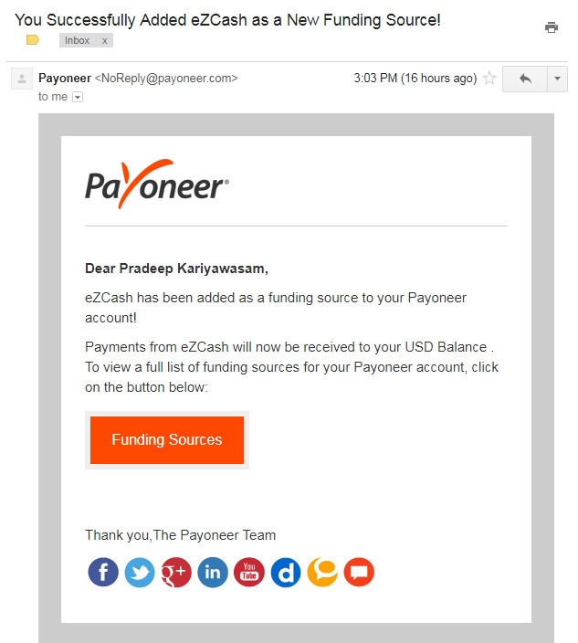 Dialog eZCash as a funding source in Payoneer account - Sri Lanka